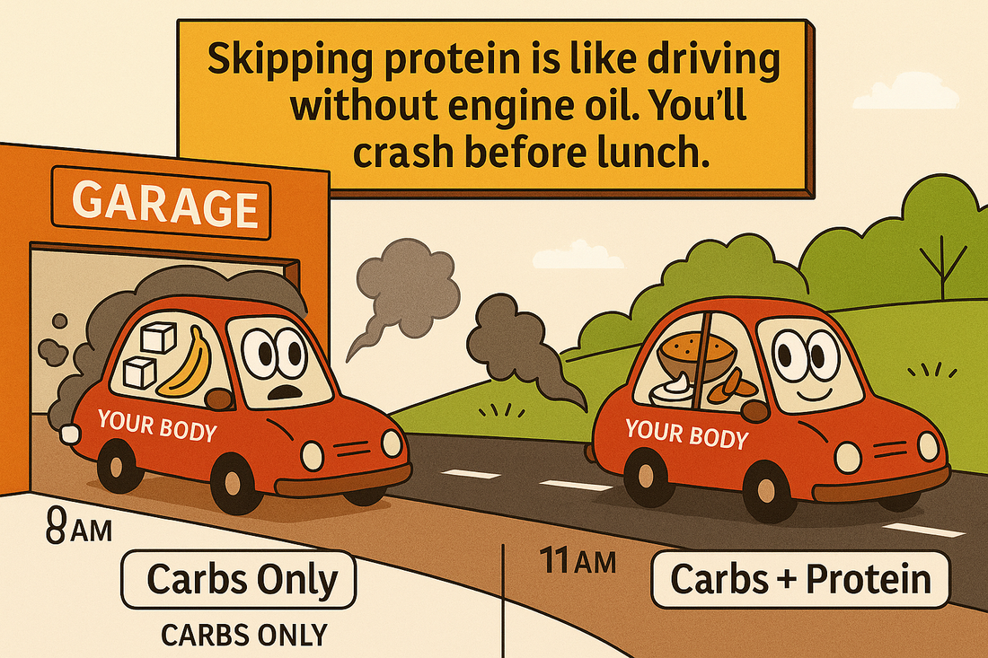 Breakfast protein myth showing carb-only breakfast energy crash 11am versus protein breakfast sustained energy Harvard research satiety focus