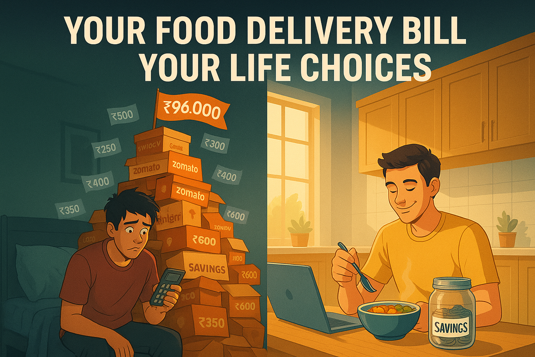 Food delivery cost shock ₹96000 yearly bill versus car EMI comparison showing money saved with ₹99 home meals instead of ₹350 delivery orders
