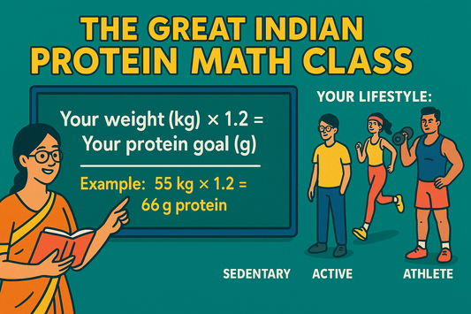 Daily protein requirements calculator showing ICMR 0.8g per kg formula with lifestyle factors sedentary active athlete protein needs chart