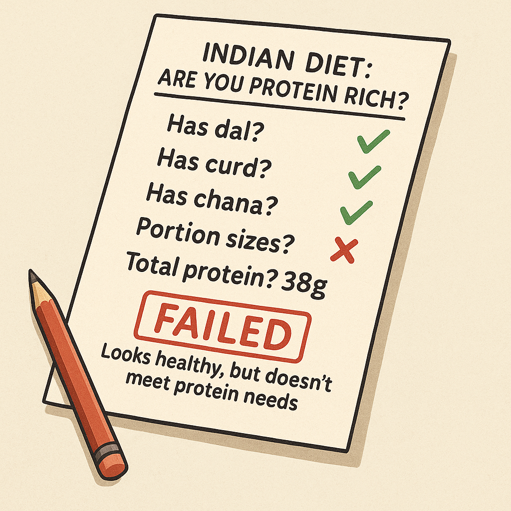 Indian diet protein myth ICMR data showing traditional portions 30-40g versus needed 50-70g daily dal small corner plate rebalancing