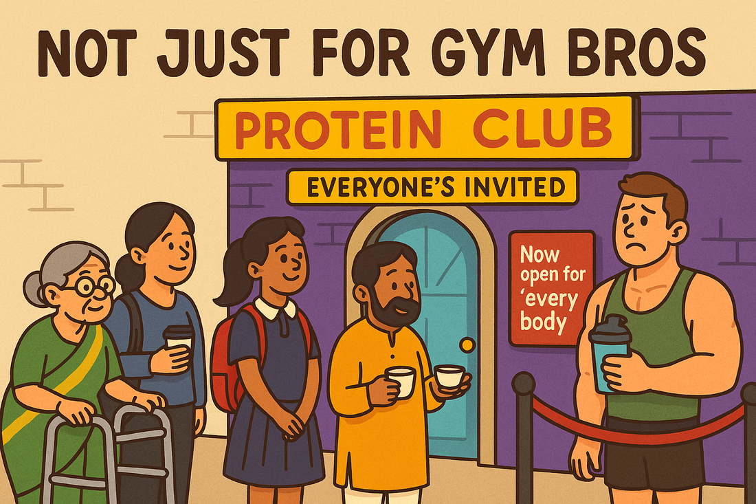 Protein myths busted infographic showing everyone needs protein women kids elderly vegetarians not just gym bros bodybuilders daily immunity energy aging