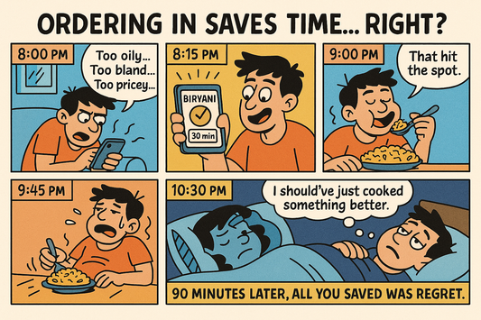 Food delivery time myth showing 90 minutes lost per meal menu browsing waiting energy crash versus 5-7 minute cooking real convenience