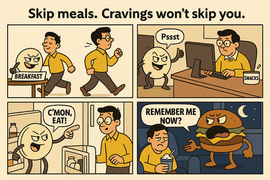Skipping meals cut calories myth showing metabolism backfire binge eating fat storage versus consistent eating stable metabolism energy