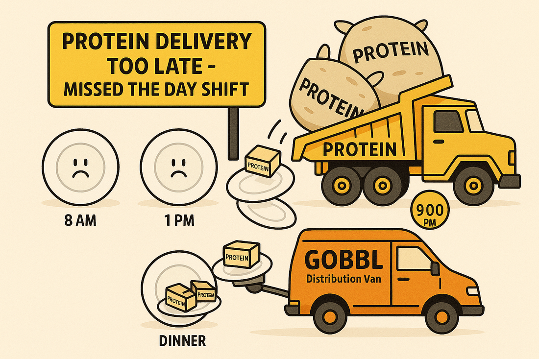 25-25-25 protein distribution rule showing 75g daily protein spread evenly across breakfast lunch dinner meals instead of cramming all protein at dinner