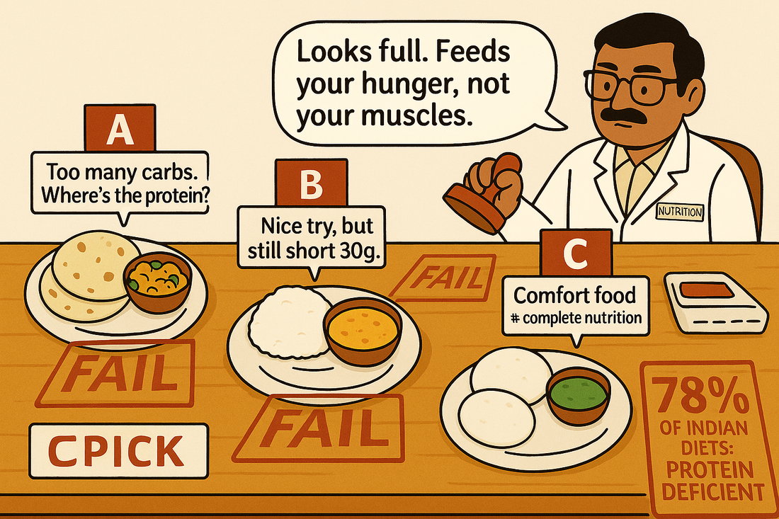Indian protein gap infographic showing 78% Indians secretly malnourished getting only 35-45g protein vs required 50-60g daily ICMR guidelines