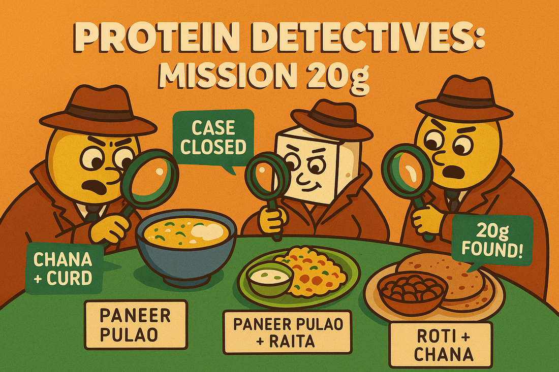 20g protein Indian meals visual guide showing dal rice curd chana roti paneer pulao exact portions traditional food combinations