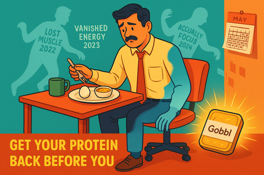 78% Indians protein deficiency infographic showing daily gap 42g actual vs 56g needed protein requirements ICMR data