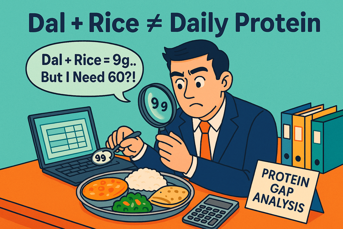 Dal rice protein myth showing 1 cup dal only 9g protein need 6-8 cups daily NIN research vegetarian protein deficiency reality