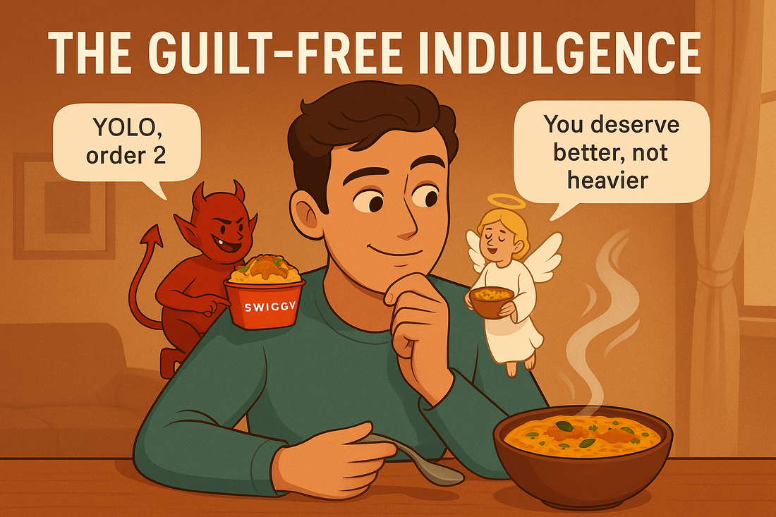 Guilt-free comfort food craving cycle showing 9 PM evening cravings satisfied with healthy indulgent meals instead of junk food guilt spiral