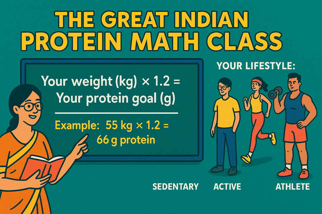 Daily protein requirements calculator showing ICMR 0.8g per kg formula with lifestyle factors sedentary active athlete protein needs chart