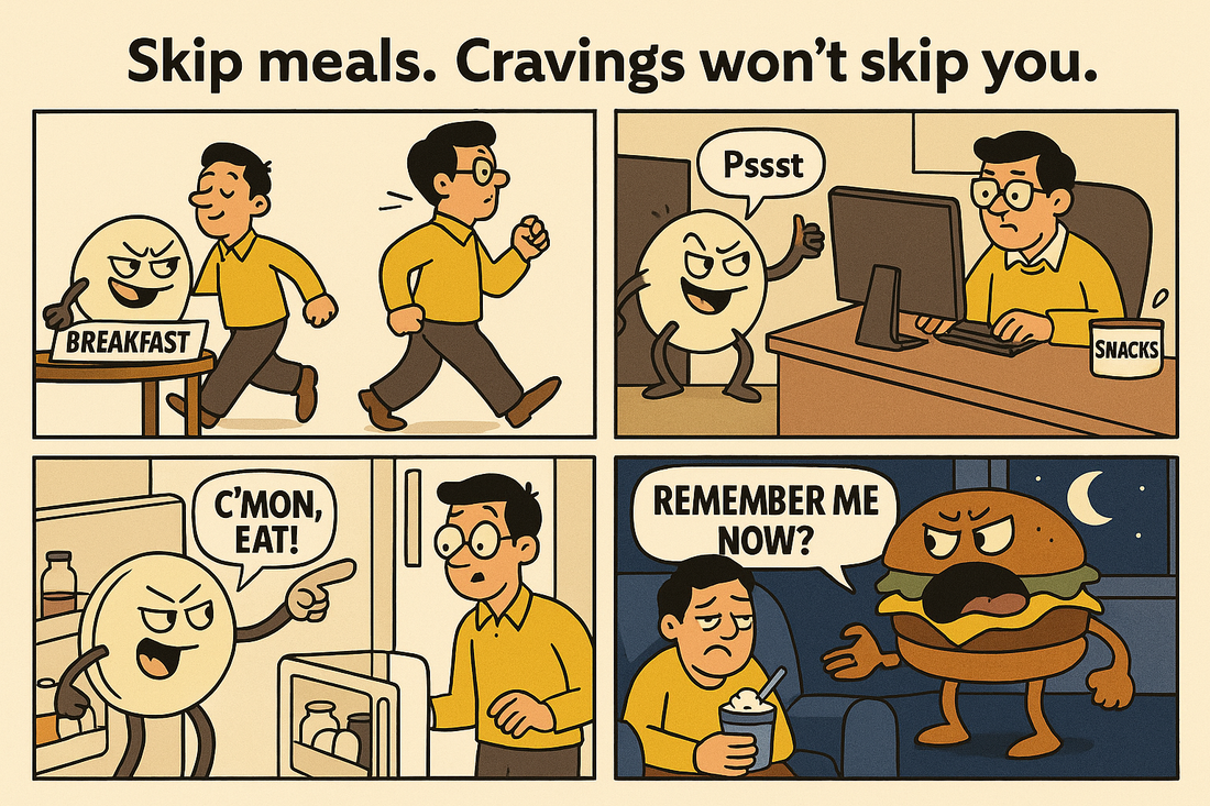 Skipping meals cut calories myth showing metabolism backfire binge eating fat storage versus consistent eating stable metabolism energy